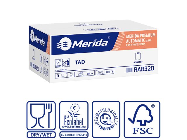 MERIDA PREMIUM TAD AUTOMATIC MAXI - paper towel in roll for MAXI auto-cut dispenser, white, 2-ply, diameter 18.5 cm, 100 m (6 rolls / carton)